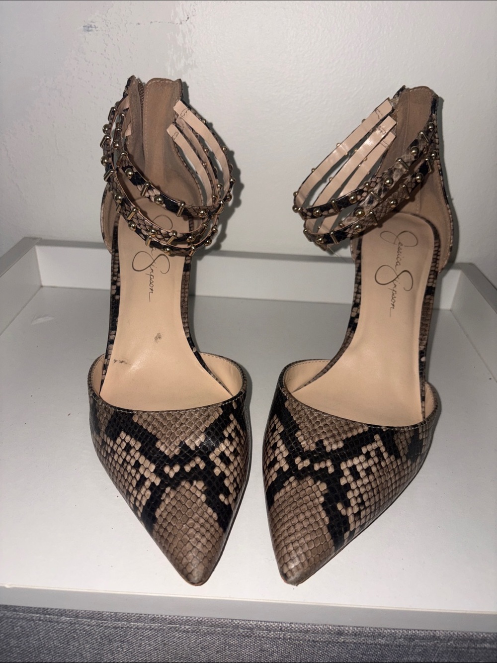 Jessica Simpson Brown Snake-Print Sanika Pointed Toe Ankle-Strap Heels. Studded